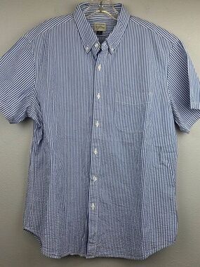 J.Crew Mens Large Blue White Striped Seersucker Short Sleeve Button Down Shirt